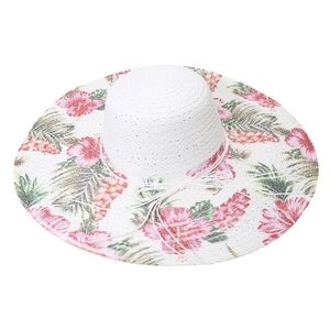 White Floral Tropical Flower Floppy Straw Sun Hat Brim Womens Beach Accessory